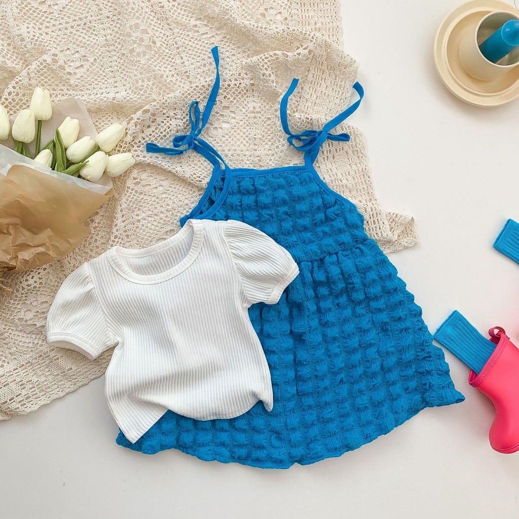 Bộ Áo Thun Ngắn Tay + Đầm Hai Dây Màu Xanh Dương Thời Trang Mùa Hè Cho Bé Gái