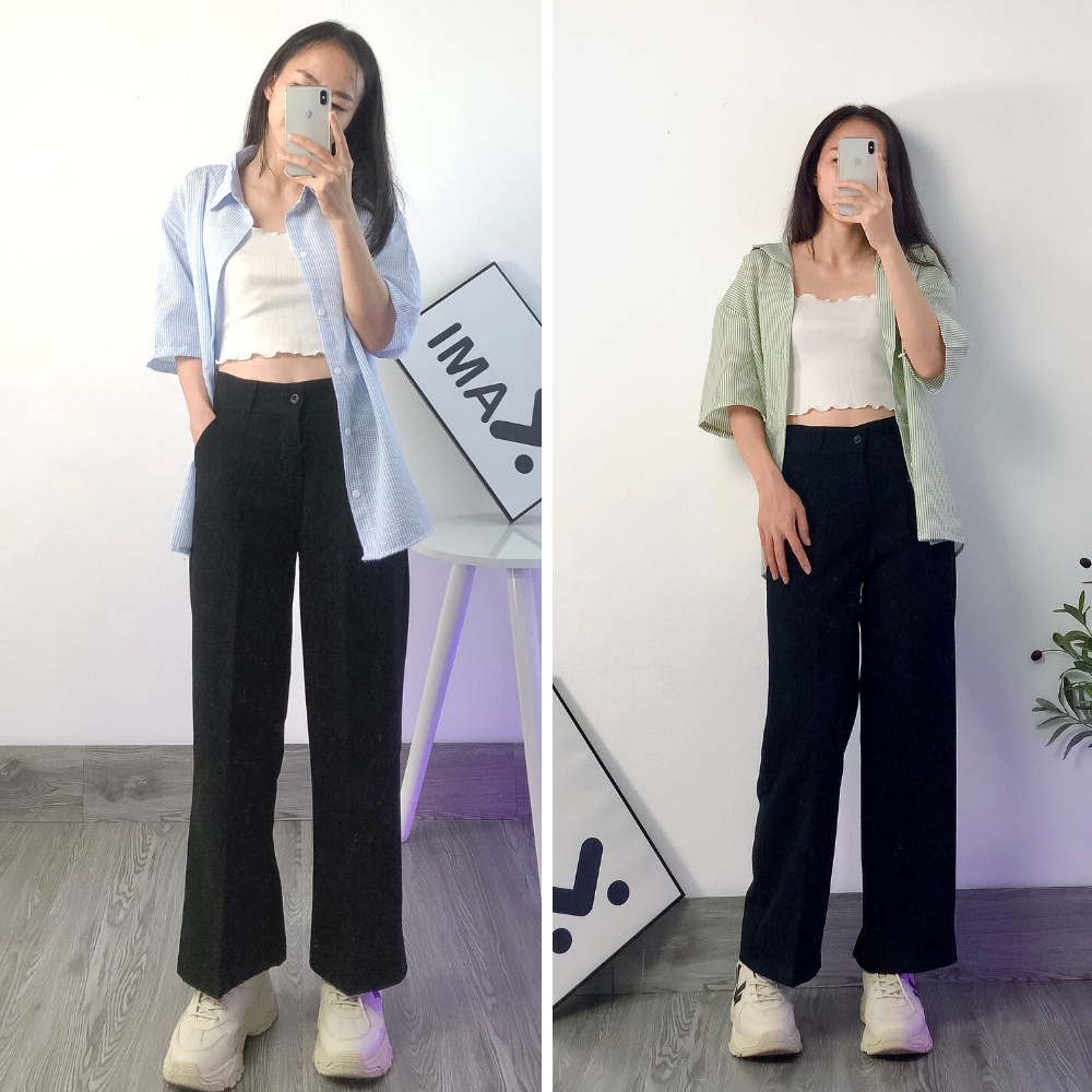 Quần tây đen dáng suông, ống rộng 94 cm (hình thật/sẵn)