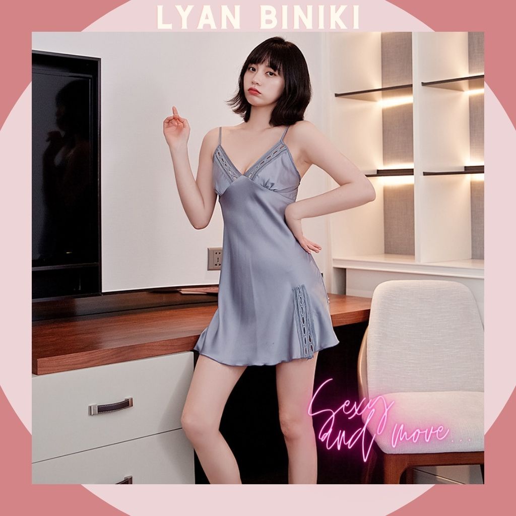 Váy ngủ đầm ngủ lụa Satin 2 dây phối ren rexy gợi cảm LYAN BIKINI L014