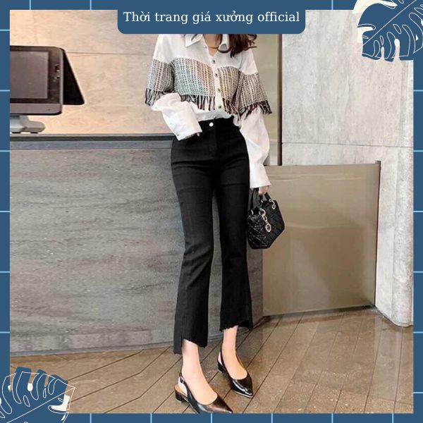 Quần jean loe gấu vạt lệch co dãn