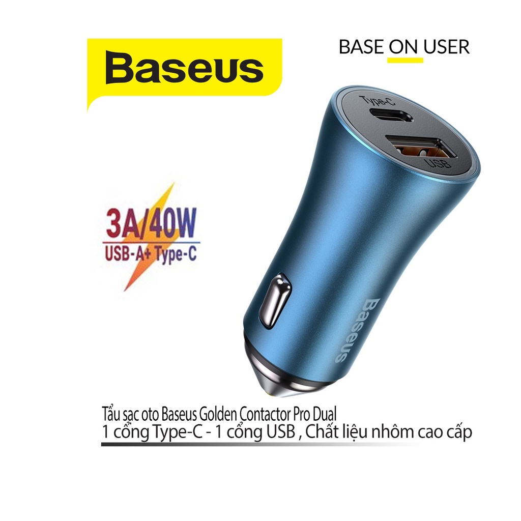 Tẩu sạc ôtô 40W Baseus Golden Contactor Pro cổng USB / C sạc nhanh 3A chất liệu nhôm cao cấp