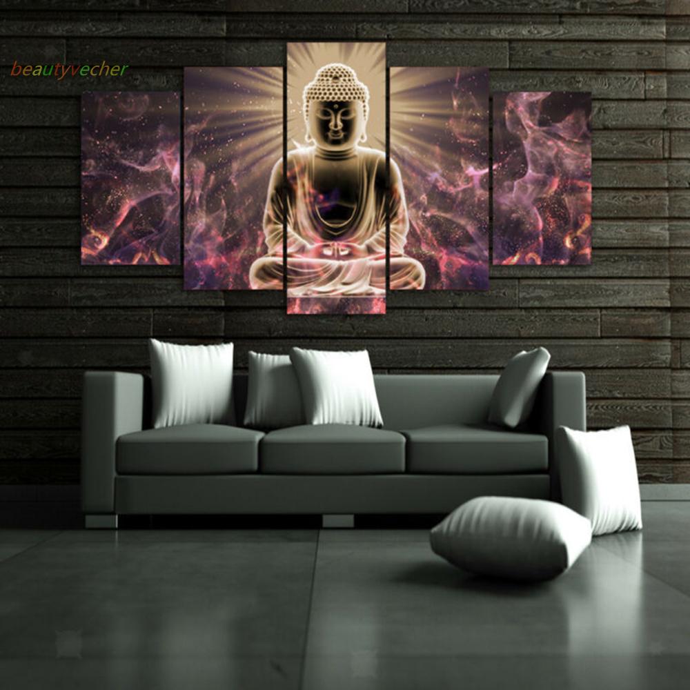 Canvas Print Study Friends Buddha Light Oil Painting Art Wall Home Bedroom Living room Gift 5 Pcs Flowers Modern