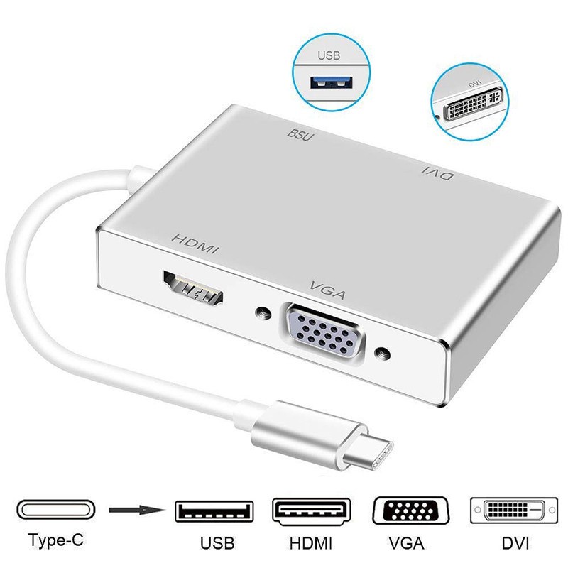 Bộ Chuyển Đổi Type-C 3.1 Sang 4k Hdmi + Vga + Dvi + Usb 3.0 Usb-C 4 Trong 1 Cho Macbook Series