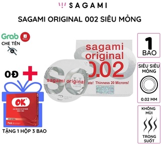 Bao cao su Sagami 002 Original Siêu mỏng Non Latex 1bao/hộp  truyền nhiệt nhanh trong suốt chống tuột kéo dài thời gian