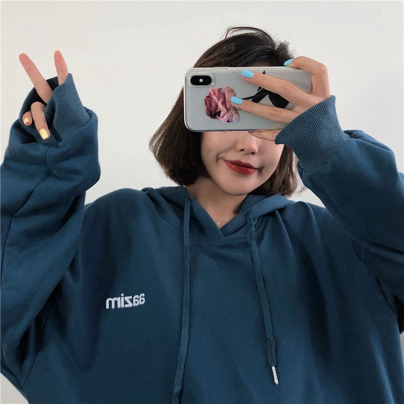 SUXI Áo Hoodies Tay Dài Màu Trơn Phong Cách Hàn Quốc