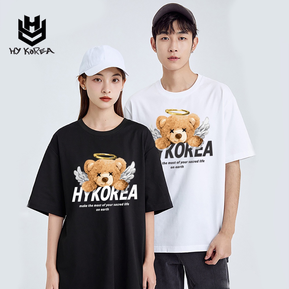 Áo Thun Nam Nữ HY Korea Form Rộng Cotton 100 In Hình Gấu Angle 567.