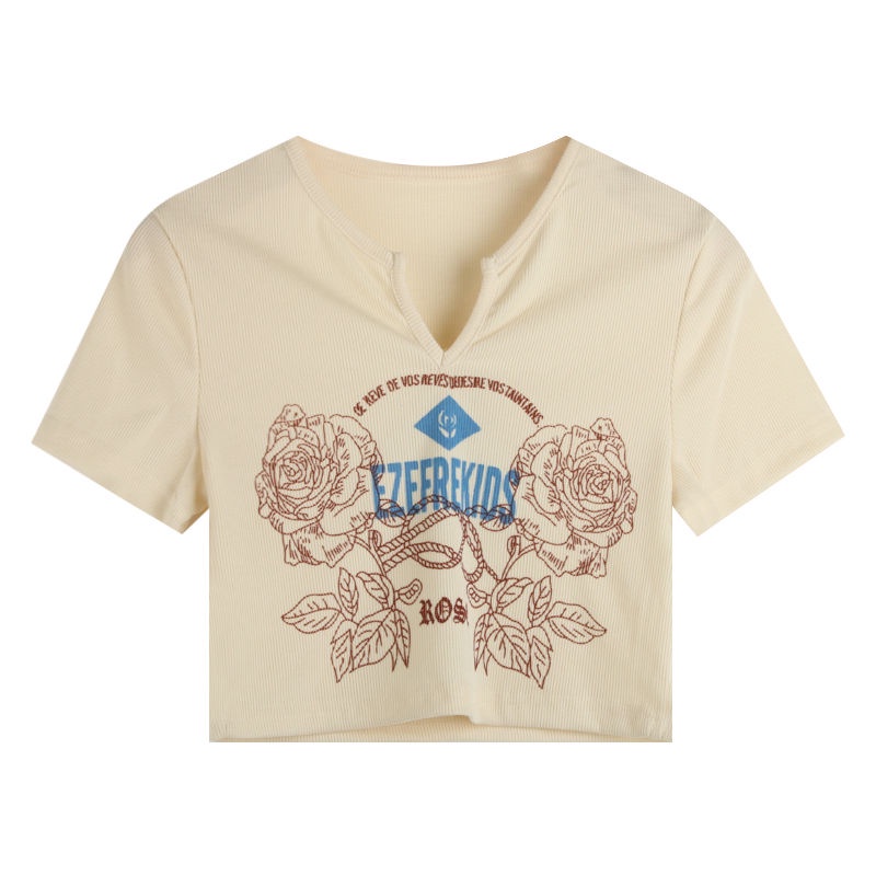 Jiashucheng Áo Thun Ngắn Tay Cổ Chữ v Thời Trang Mùa Hè Phong Cách Retro Mỹ Cho Nữ