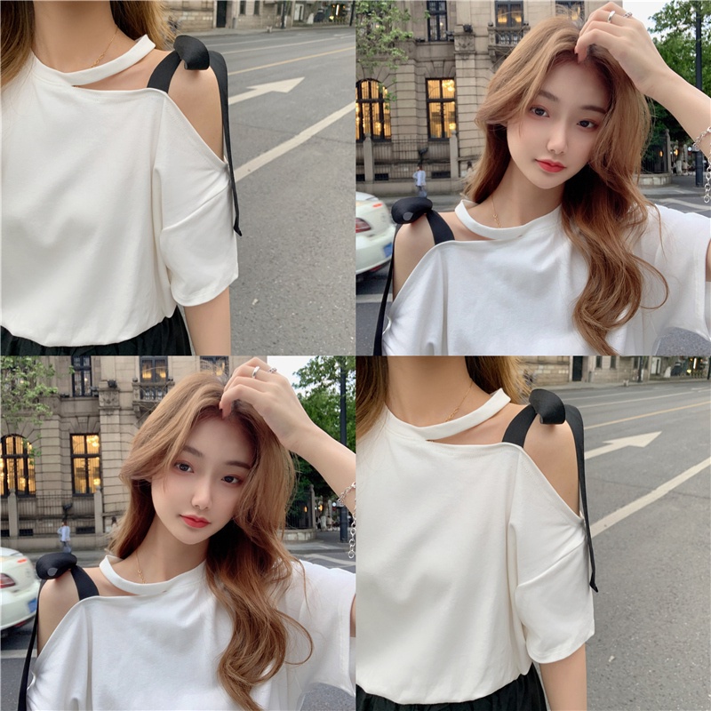 Mới Áo Thun Ngắn Tay Trễ Vai Xinh Xắn Theo Phong Cách Hàn Quốc