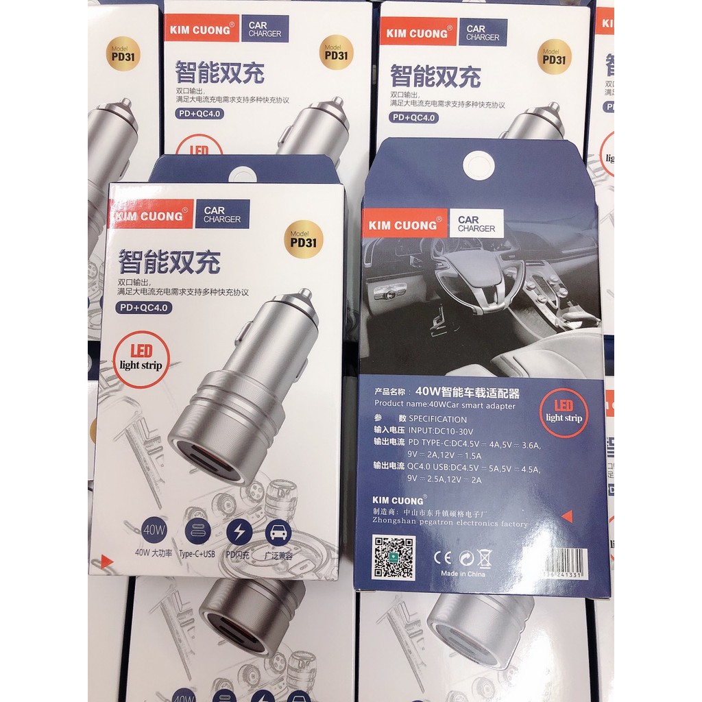 Tẩu sạc xe hơi ô tô ,củ sạc xe hơi kim cương đầu type-C USB - PD31 quick charge 4.0 kèm LED - Uni Shop