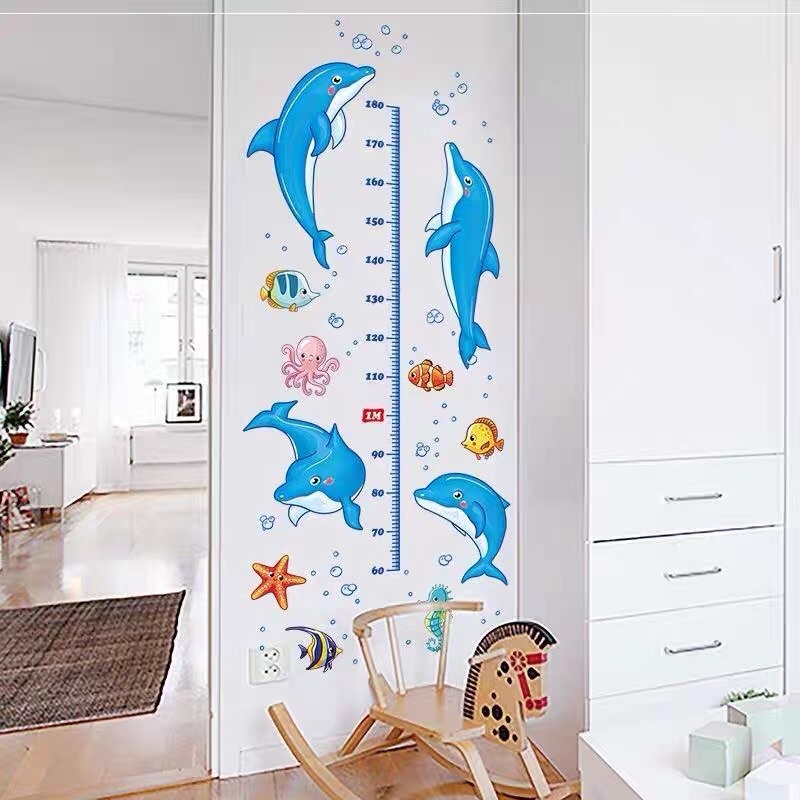 Tranh dán tường, Decal dán tường cho bé thước đo chiều cao cá heo