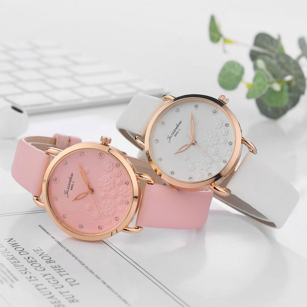 Đồng hồ Quartz nữ mặt dập nổi hoa đính đá dây da