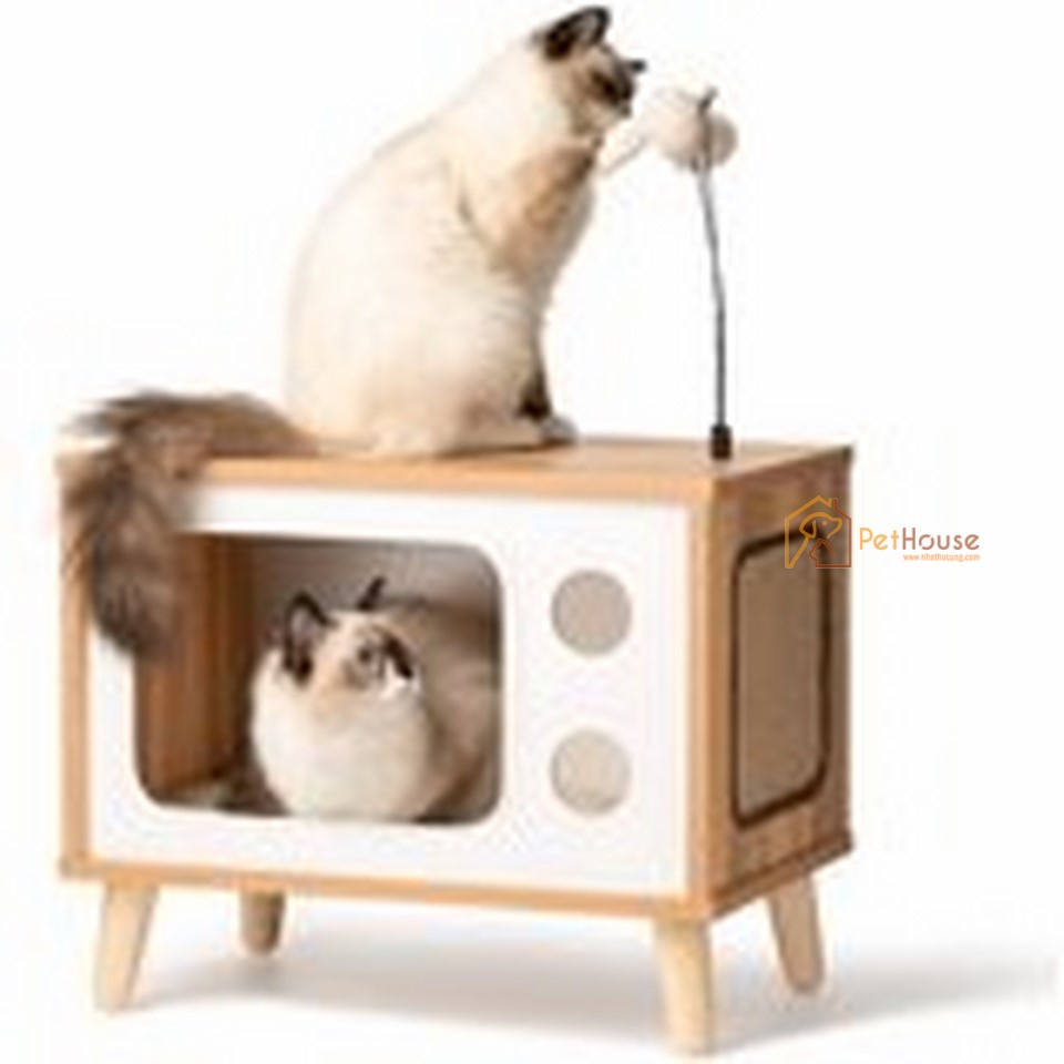 Nhà gỗ cho mèo hình tivi hiện đại sản xuất bởi pethouse chân gỗ hiện đại