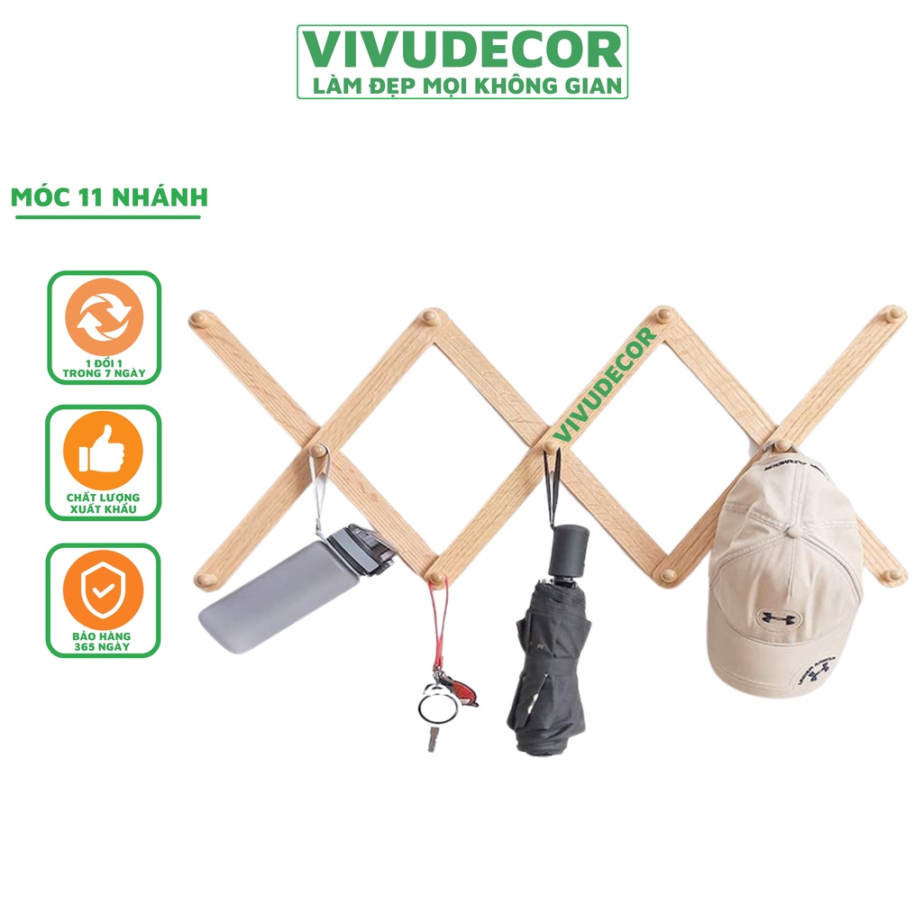 Móc treo tường Vivudecor 11 nhánh, Móc treo quần áo biến hình phù hợp với mọi không gian, tặng kèm miếng dán nhựa