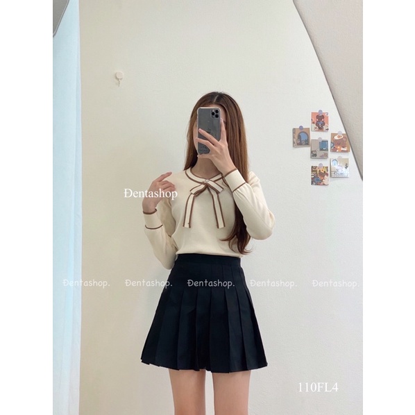 Áo len TH cổ tròn thắt nơ liền đính đá có đường viền cổ và nơ- 110FL4- Đenta Shop