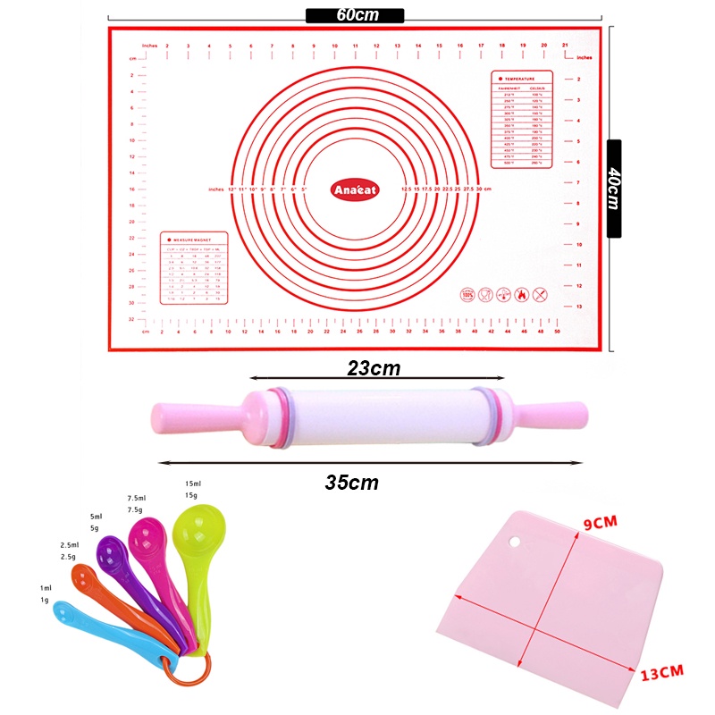 Bộ dụng cụ làm bánh ANAEAT bằng silicone (thảm nhào bột + dao cắt + thanh cán + thìa đong)