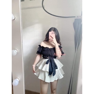 Áo đan chéo eo cột dây tay ngắn