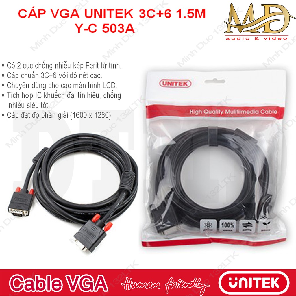 Cable VGA - CÁP VGA UNITEK 3C+6 1.5M Y-C 503A (Hàng chính hãng)