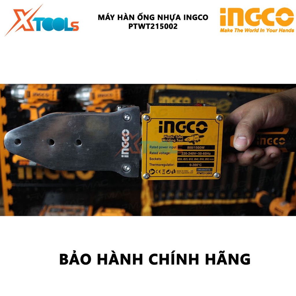 Máy hàn ống nhựa INGCO PTWT215002 | Máy hàn nhiệt 1500W, bộ ổ cắm nhiệt: 20, 25, 32, 40, 50, 63mm, Điều chỉnh nhiệt 0-30