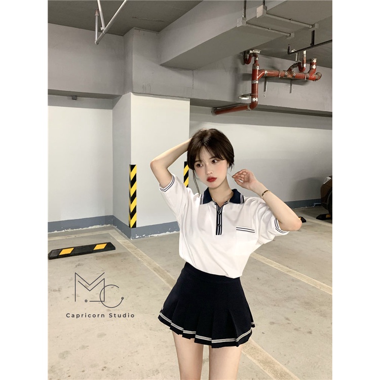 Áo phông POLO ngắn tay màu trắng rộng rãi phong cách Ulzzang