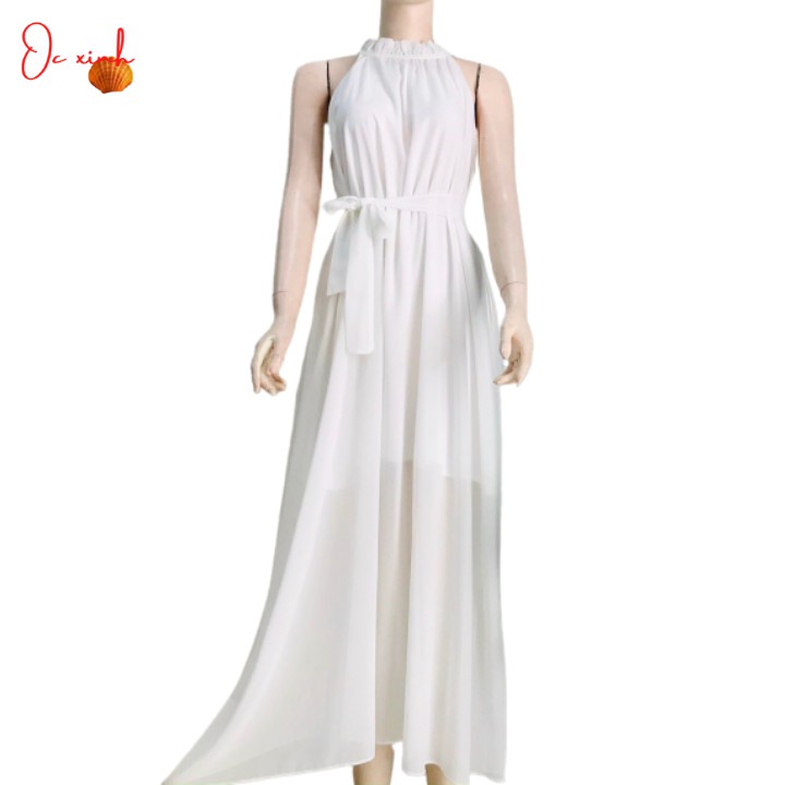 Váy Đầm Maxi Suông Cổ Yếm Thắt Dây Eo Với Ba Màu Sang Chảnh