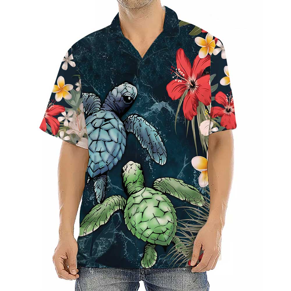 Áo Sơ Mi Hawaii Summer, Áo Hoạ Tiết Rùa Biển Hoa Lá Vùng Nhiệt Đới - Sắc Màu Trầm - Vải Cao Cấp Mát , Không Nhăn AoTot
