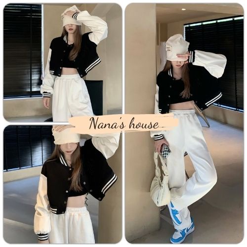 Áo Bomber Croptop Cúc Bấm 🎁 Nana's House - FREESHIP 🎁 Áo khoác nỉ nữ thể thao dáng cộc dài tay kẻ sọc HOT
