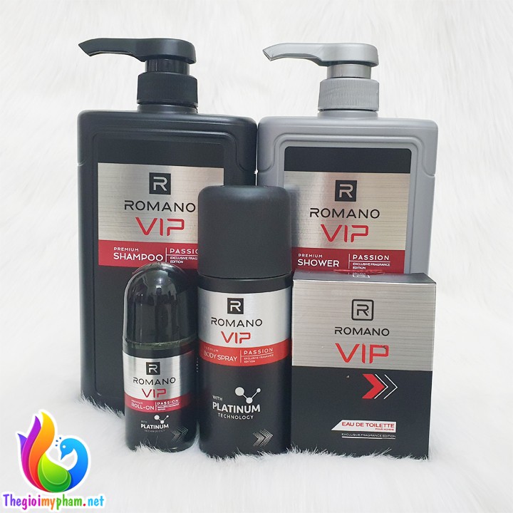 Combo Romano VIP Passion: Dầu Gội + Sữa Tắm 650g + Nước Hoa 50ml + Lăn Khử Mùi 50ml + Xịt Khử Mùi 150ml