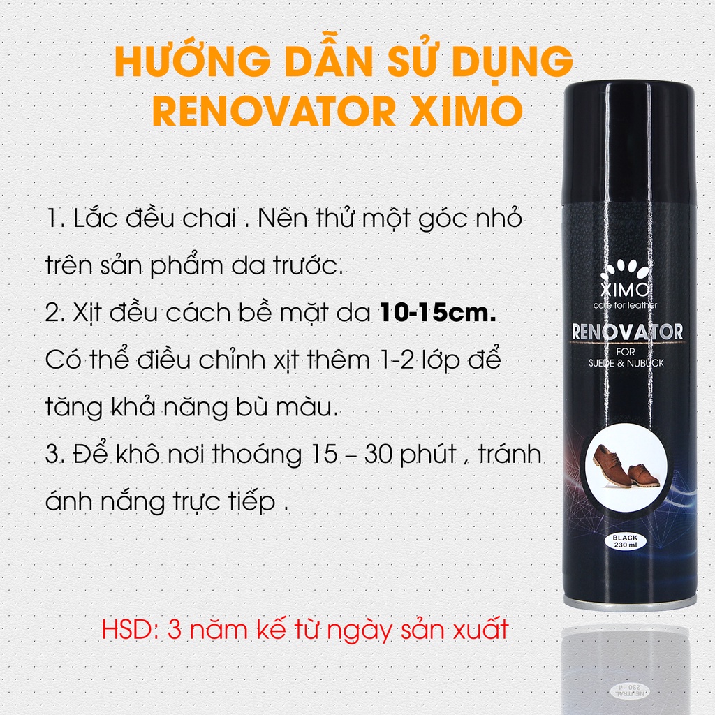 Chai xịt dưỡng phục hồi màu nubuck và da lộn Renovator Ximo cao cấp cho giày, áo khoác, túi xách, ví, áo