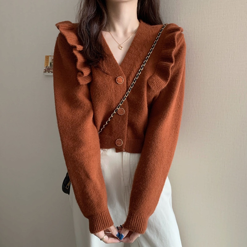 Áo cardigan dệt kim ZHELIHANGFEI cổ chữ V dáng ôm phong cách retro dành cho nữ