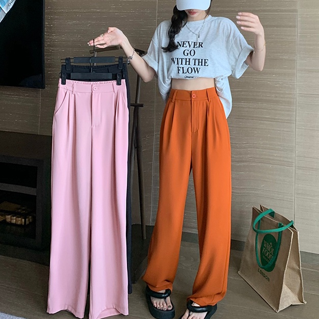 SUXI Quần ống rộng Lưng Cao Co Giãn Màu Sắc Đơn Giản Thời Trang Mùa Hè Cho Nữ