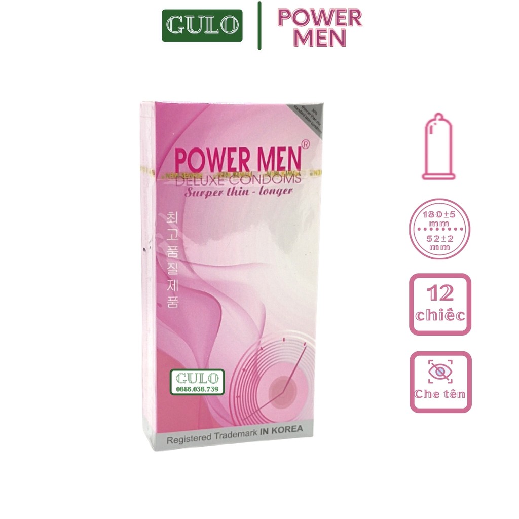 Bao Cao Su Siêu Mỏng Power Men Superthin longer, BCS trơn kéo dài thời gian - Hộp 12 bcs