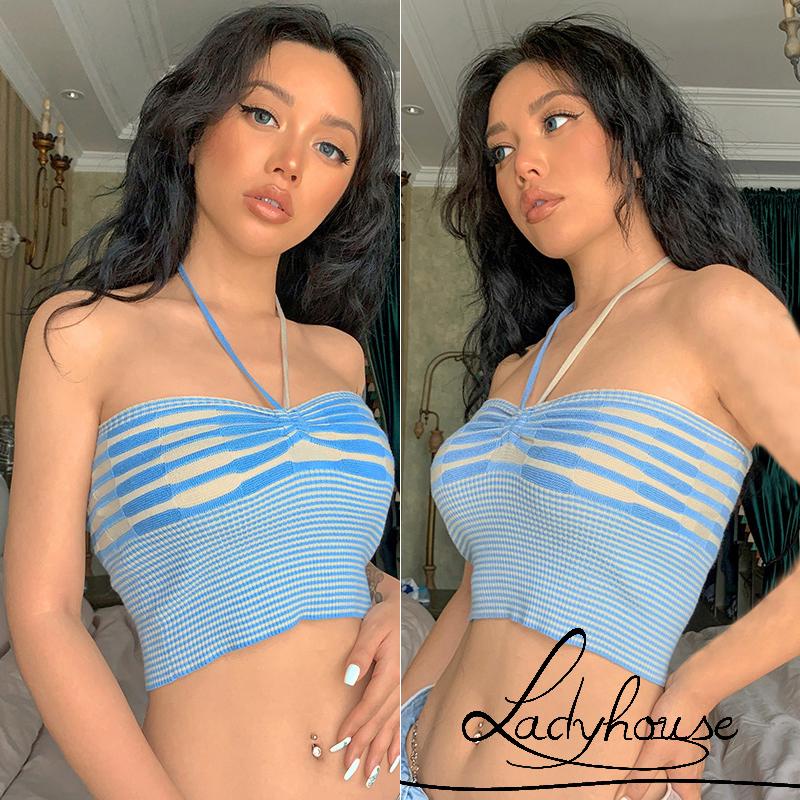 LDD-Women´s Halterneck Tank Tops, Sleeveless Stripe Printed Slim Fit Summer Knitted Tanks, One Size