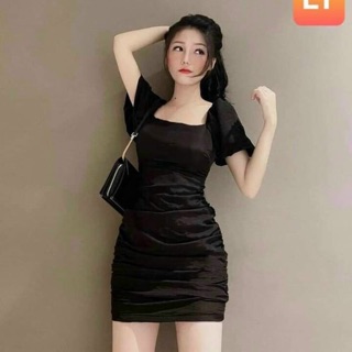 Đầm body tay phồng đan dây lưng cực sexy