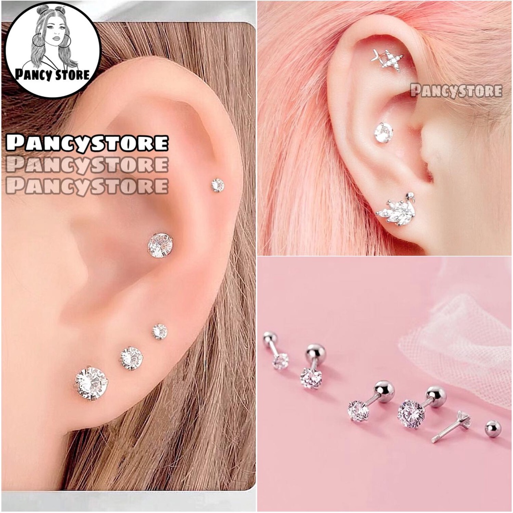 bông tai khuyên tai nam nữ titan tròn đính kim thanh xỏ mỏng siêu bền không gỉ