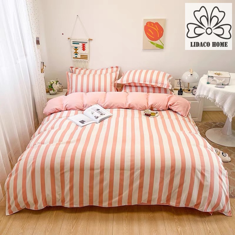 Bộ chăn ga gối cotton poly Lidaco decor phòng ngủ vintage - Sọc hồng new Sp001475