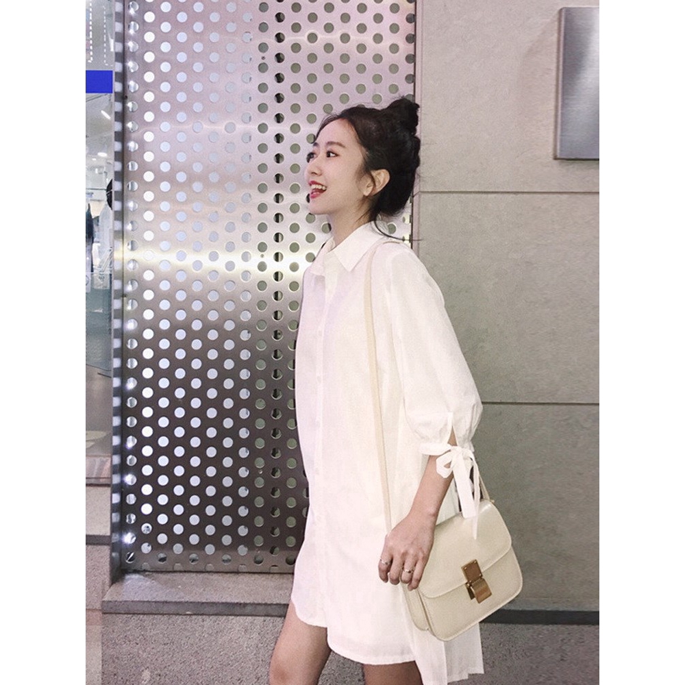 Đầm Sơ Mi Dài Tay Cổ Chữ V Dáng Rộng Thời Trang Hàn