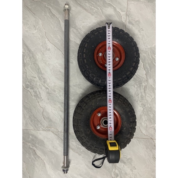 Combo hai bánh xe 25cm kèm trục dùng cho xe kéo hàng, đẩy hàng