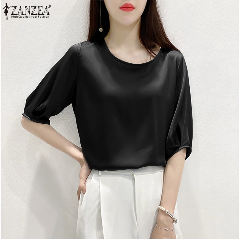 Zanzea Áo Sơ Mi Tay Lửng Cổ Tròn Màu Trơn Thời Trang Dành Cho Nữ