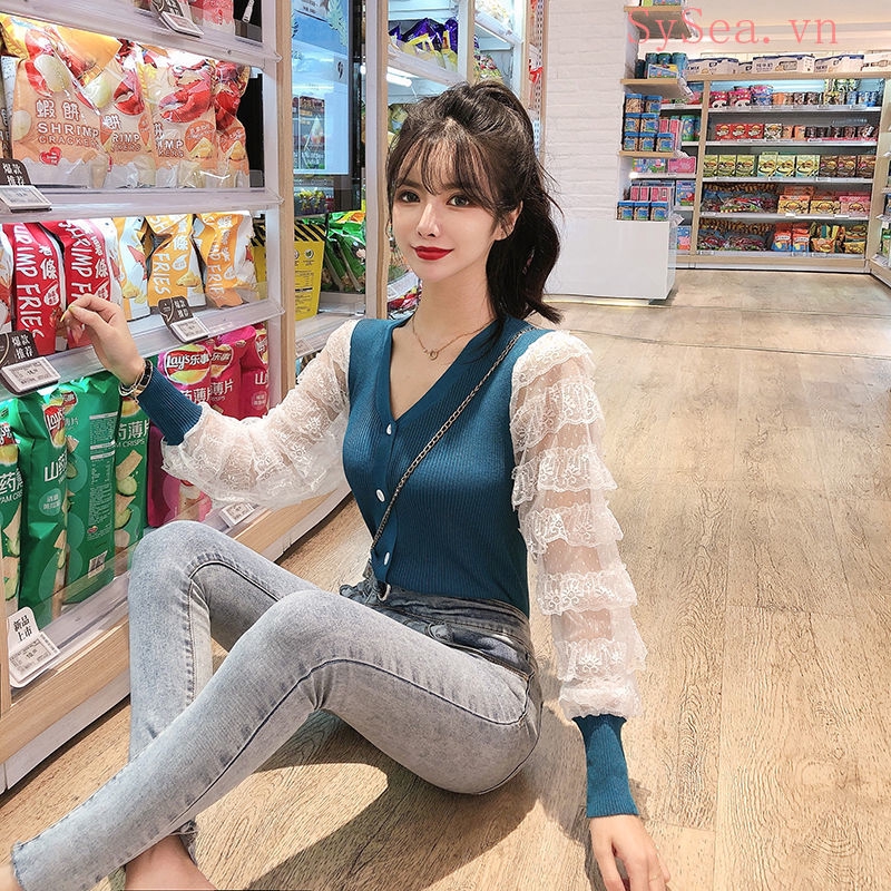 Áo khoác len tay dài xẻ cổ chữ V phong cách thời trang cho phái nữ