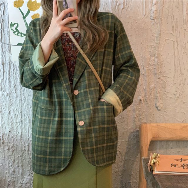 (Hàng Đẹp)Ảnh thật 4 hình cuối-Áo blazer kẻ xanh bơ Ulzzang | BigBuy360 - bigbuy360.vn