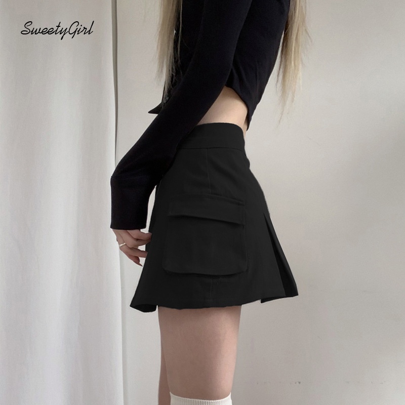 Chân váy jean Lưng Cao Có Túi Màu Trơn 2022 Thời Trang Cho Nữ