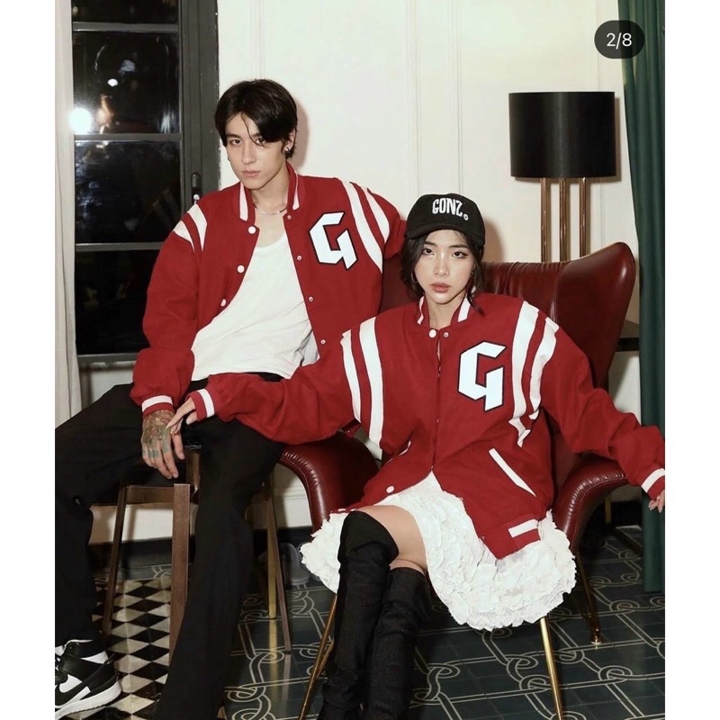 Áo khoác bóng chày bomber kaki nhung gân 1 lớp thêu G sọc tay unisex ulzzang nam nữ
