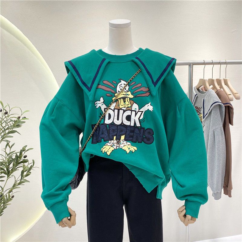 Áo Sweater Mỏng Dáng Rộng Tay Dài Cổ Lá Sen In Họa Tiết Hoạt Hình Thời Trang Xuân Thu Cho Nữ
