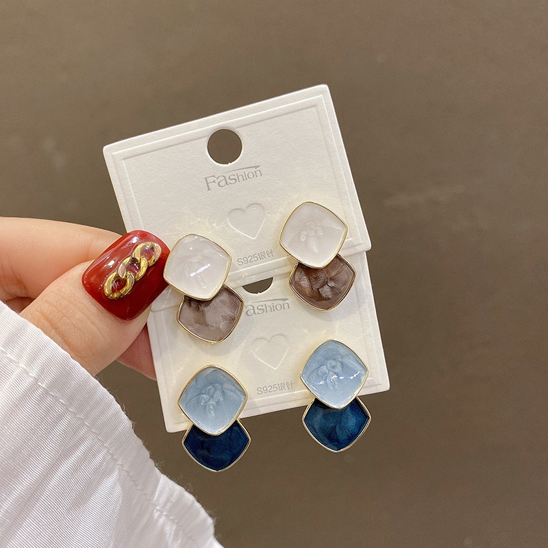 Bông Tai Mạ Bạc 925 Hình Vuông Đơn Giản Phong Cách retro Hàn Quốc Thời Trang Cho Nữ
