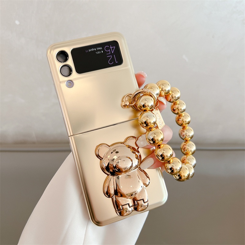 Ốp Điện Thoại Nắp Gập Chống Rơi Mạ Điện Có Vòng Tay In Hình Gấu Cho Samsung Galaxy Z Flip 3 Flip4 / 4