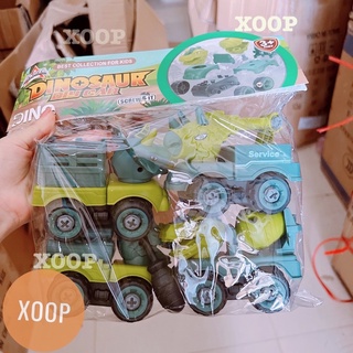 Đồ chơi ! Sét 4 xe tháo lắp khủng long chở gỗ, trộn, cẩu ,tải