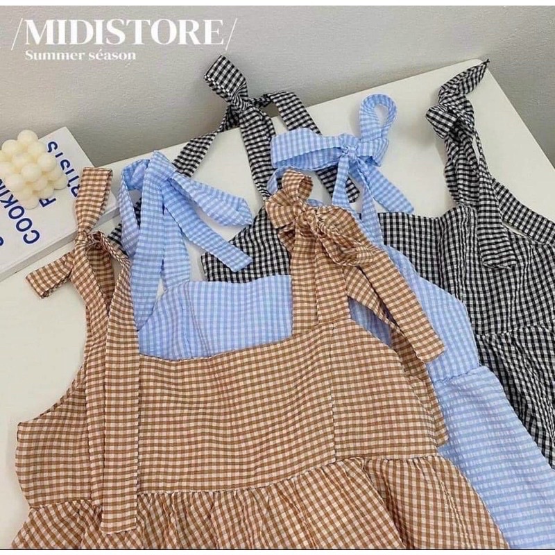 Set Áo Quần Style Hàn Quốc  Áo Quần Babydoll Hai Dây Thắt Nơ Kẻ Xanh Dành Cho Nữ [PHULA] Bbd Ulzzang