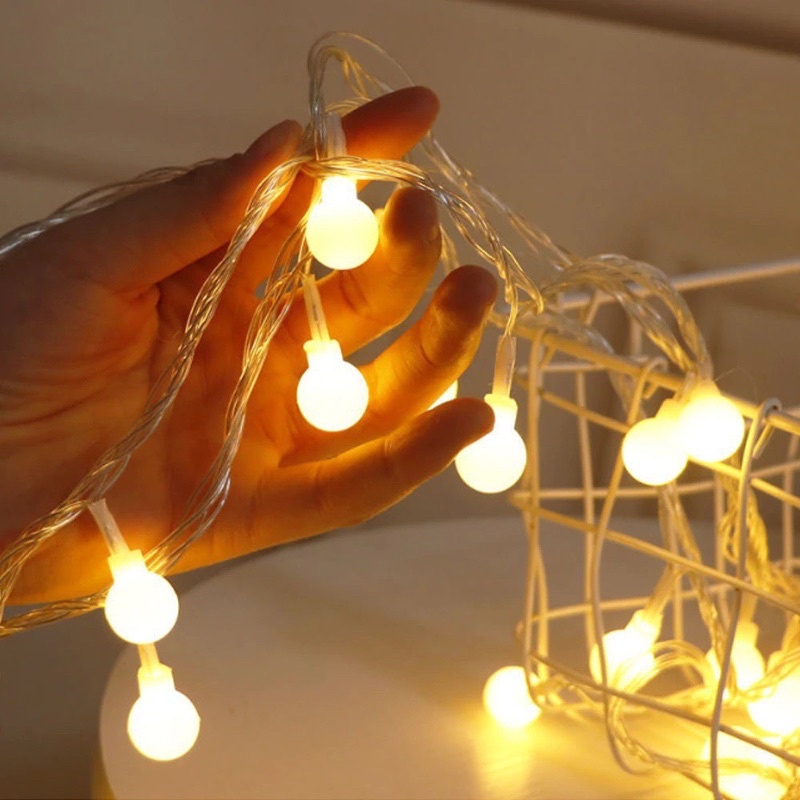 Dây Đèn Led Cherry Ball 6 mét 40 Bóng Tròn Màu Vàng Nắng Ấm Áp Dùng Pin AA