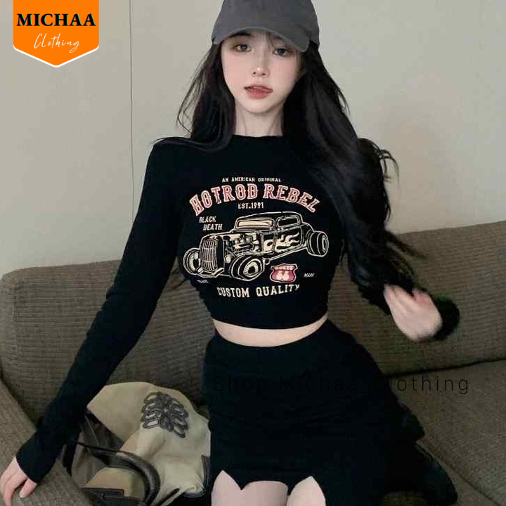 Áo Croptop Ôm Body Nữ HOTROD REBEL Tay Dài Cổ Tròn, Áo Thun Croptop Kiểu In Họa Tiết - MICHAA CR96
