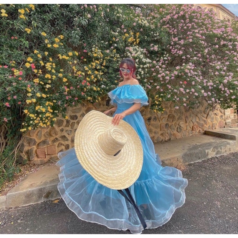 Váy maxi công chúa vai ngang voan kính bồng bềnh